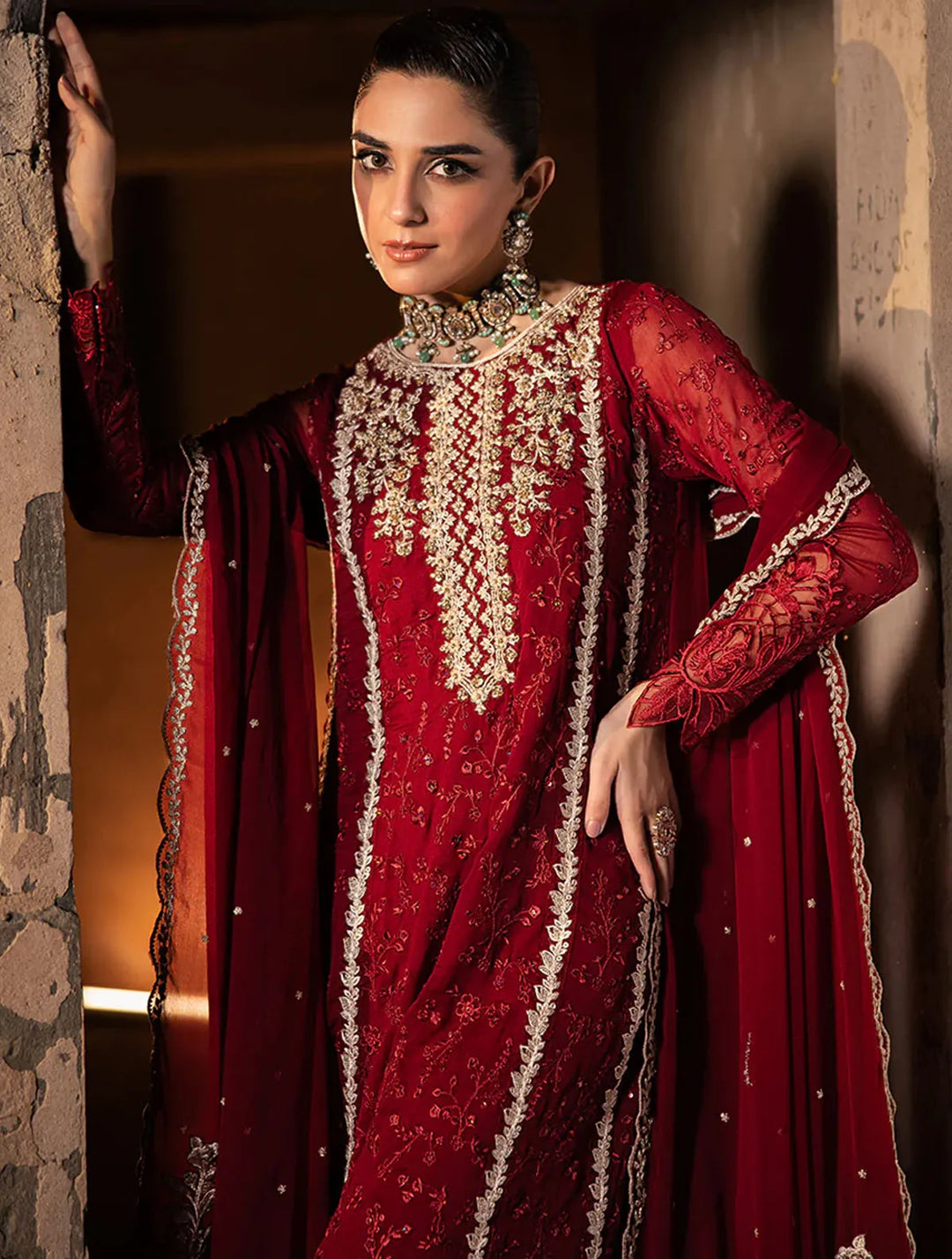 Azure Pret Embroidered Chiffon 3 Piece Suit Royal Crimson