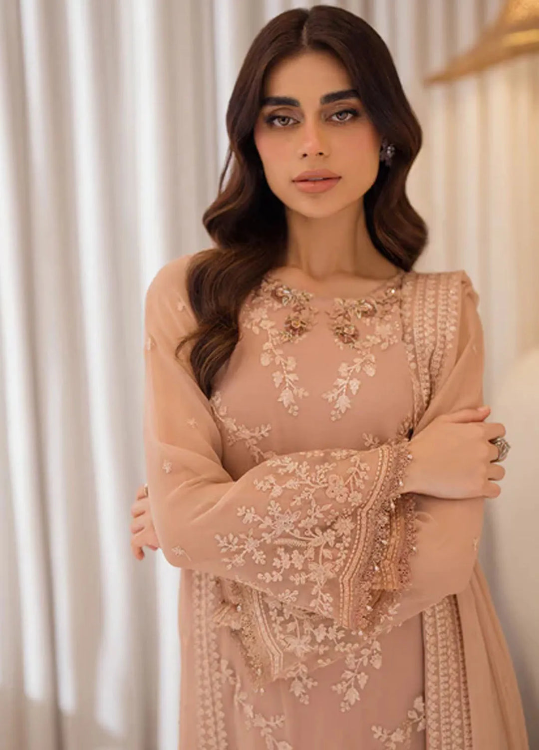 Azure Pret Embroidered Chiffon 4 Piece Suit Beige Bliss