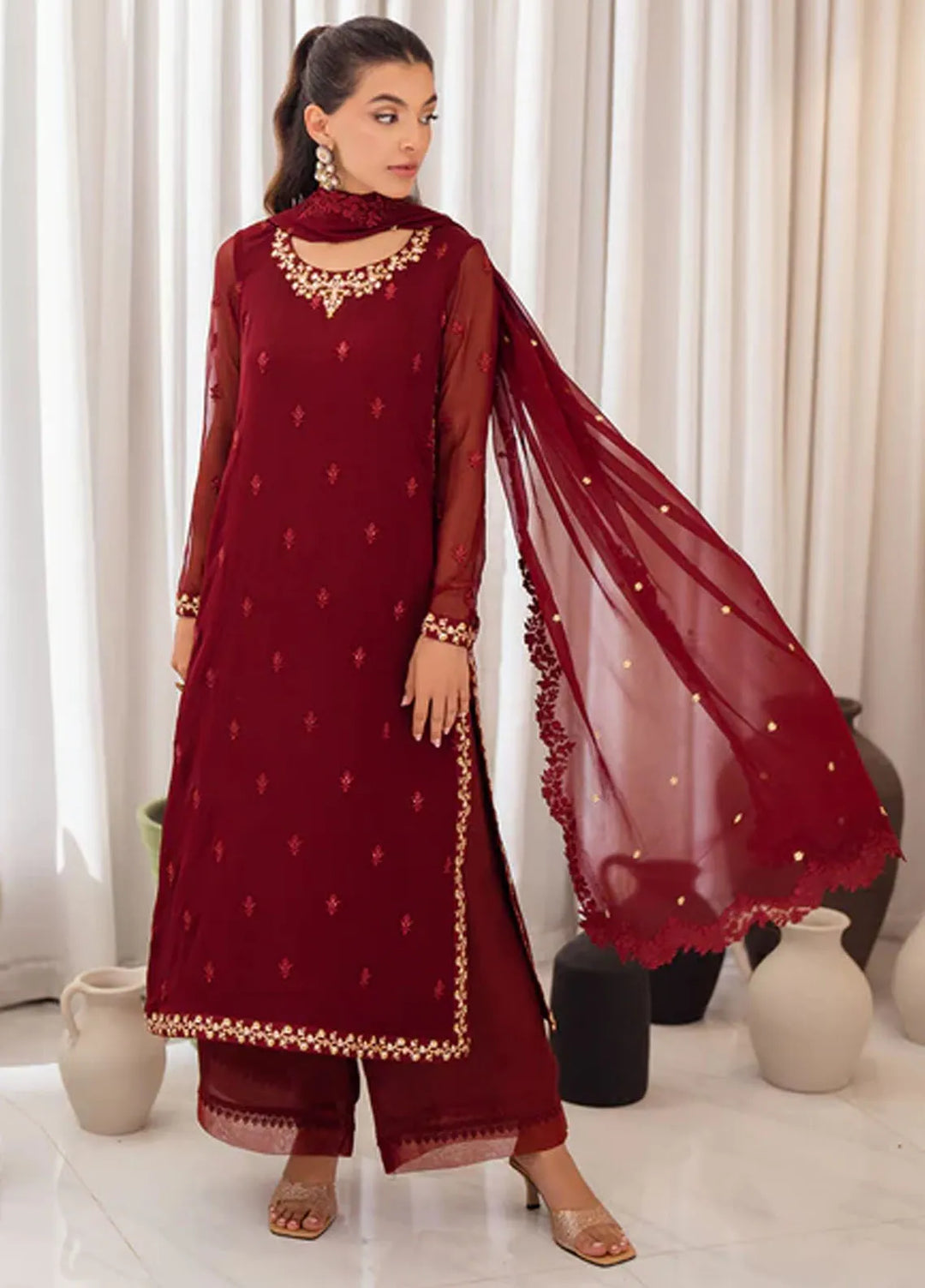 Azure Pret Embroidered Chiffon 4 Piece Suit Wine Scarlet