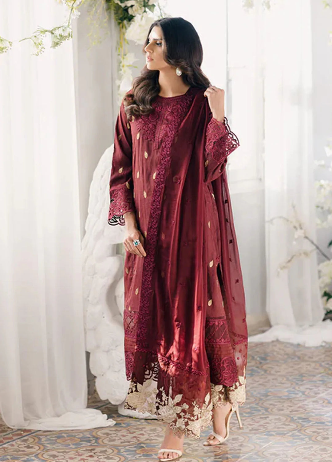 Azure Pret Embroidered Jacquard 3 Piece Suit Imperial Wine