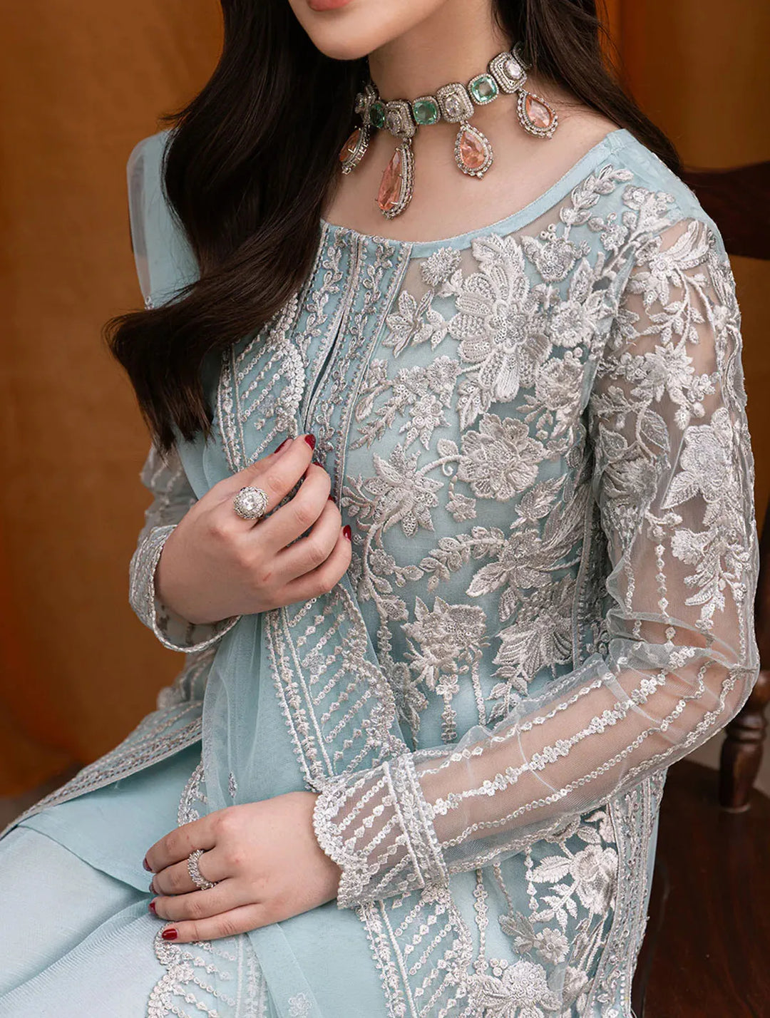 Azure Pret Embroidered Net 3 Piece Suit Dreamy Azure