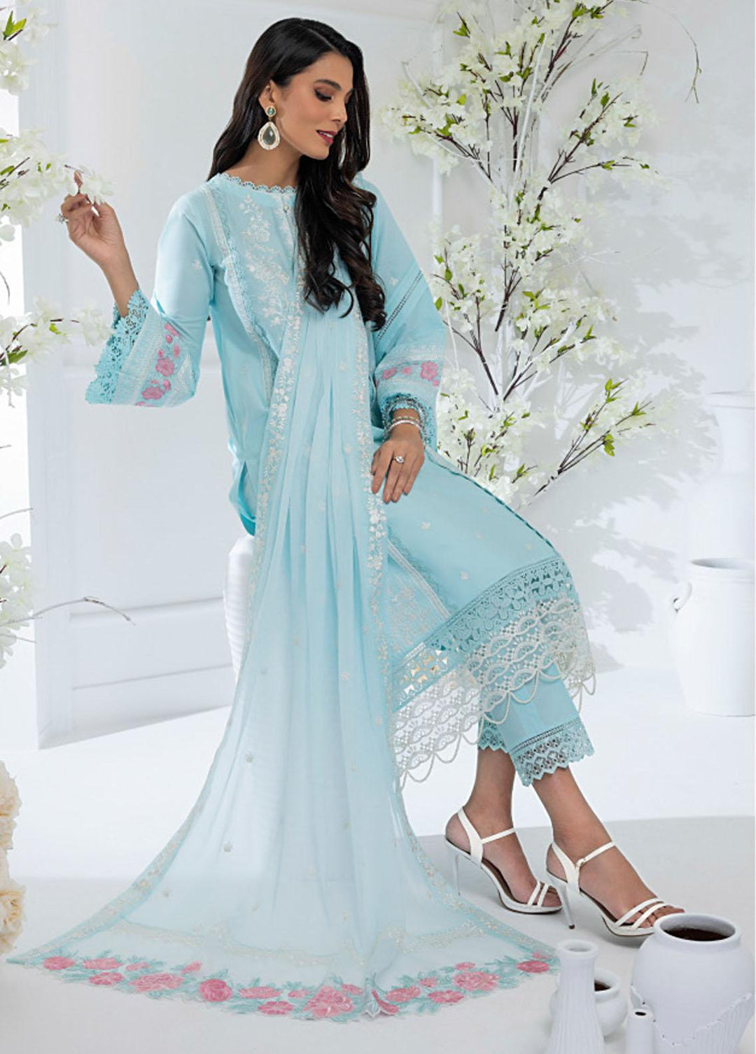 Azure Embroidered Lawn Suits Unstitched 3 Piece AZU23E 57 Sky Glow - Luxury Collection