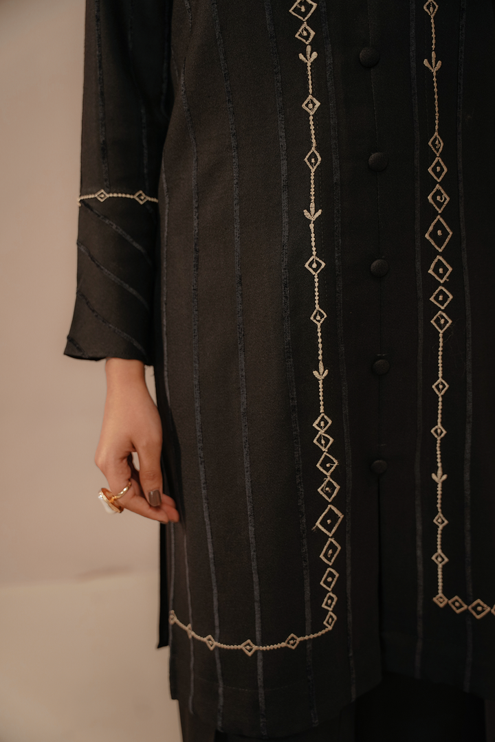 Divinely Crafted Pret Embroidered Silk Karandi 2 Piece Muse Black