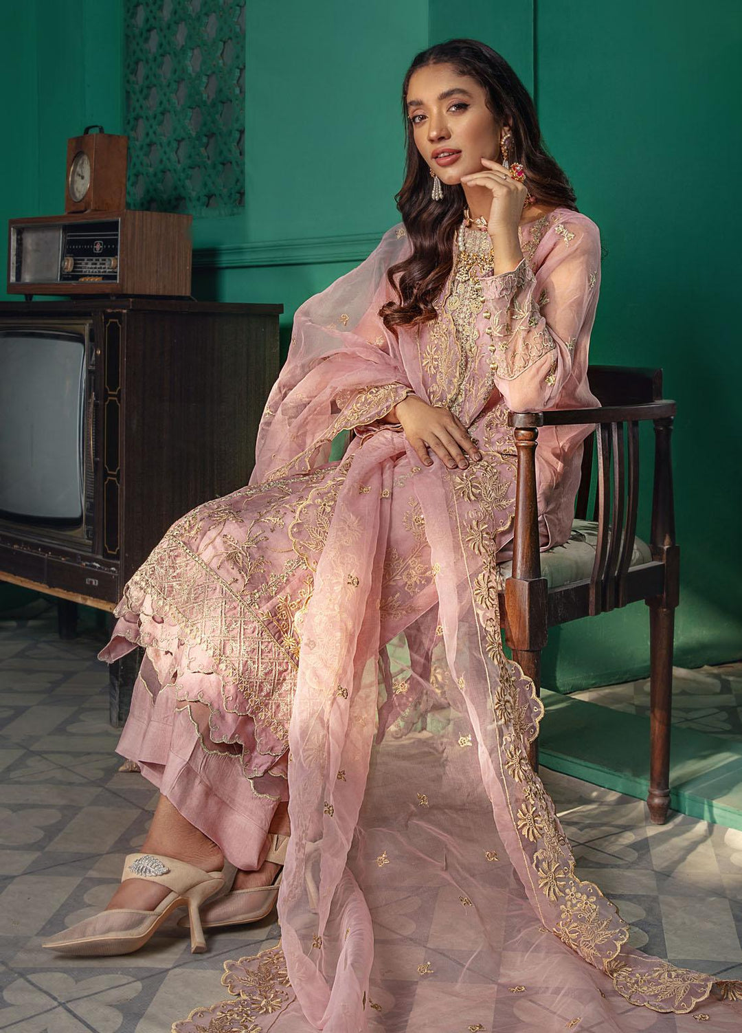 Bareen Embroidered Organza Suits Unstitched 3 Piece BR22F BL-04 ROSE - Luxury Festive Collection