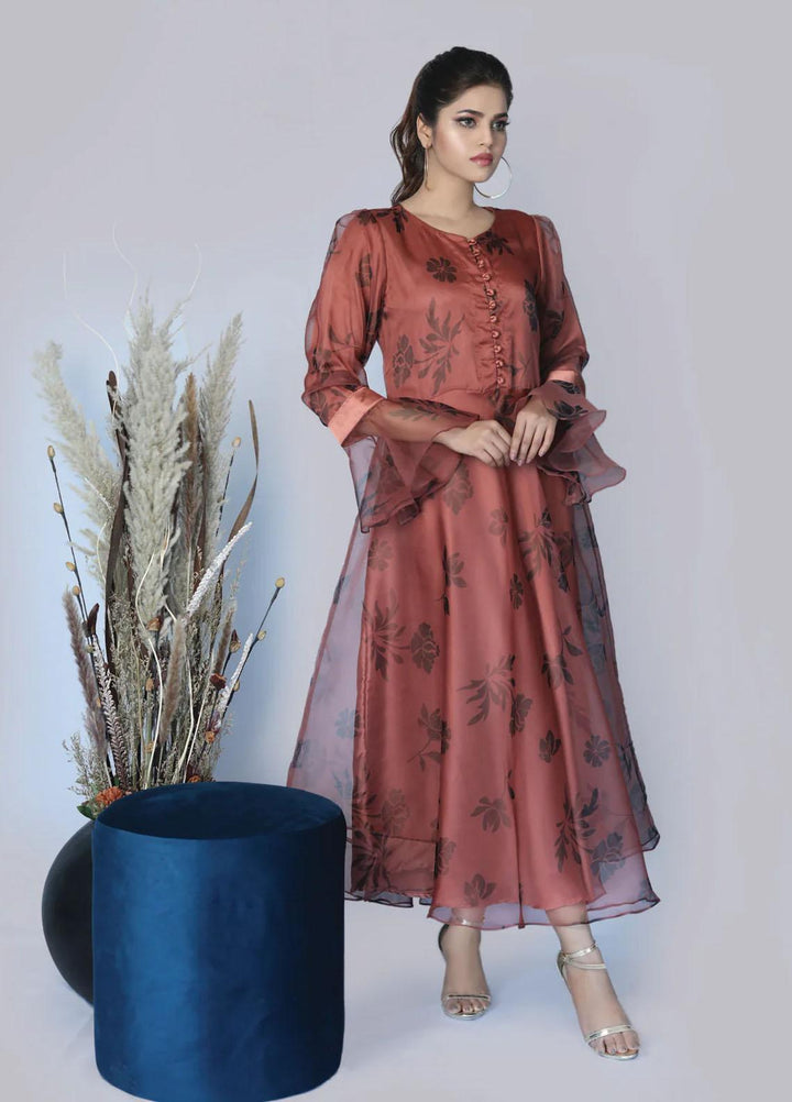 Bareeq Casual Pret  Organza Frock Cranberry Floral Printed Frock