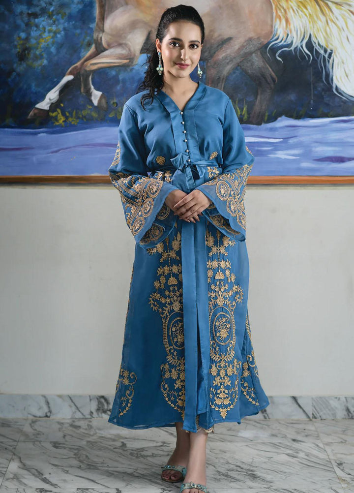 Bareeq Casual Pret  Chiffon Frock Olympic Blue Fully Embroidered Maxi
