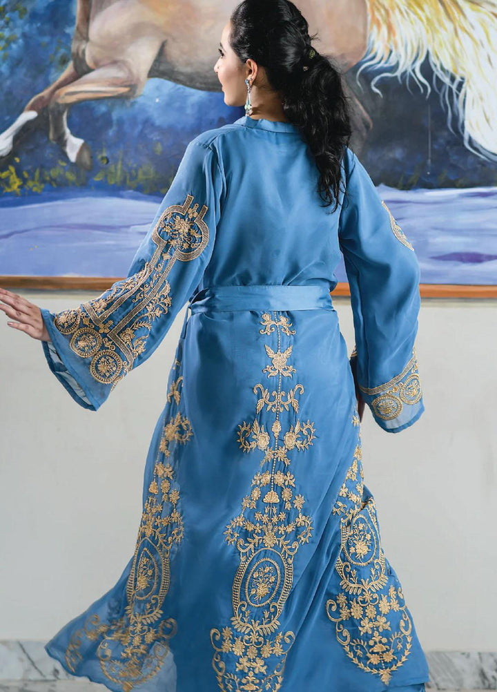 Bareeq Casual Pret  Chiffon Frock Olympic Blue Fully Embroidered Maxi
