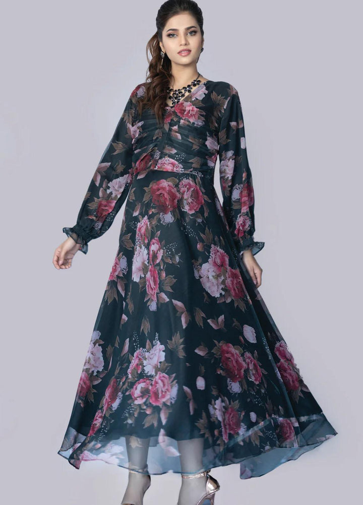 Bareeq Casual Pret  Chiffon Frock Black Floral Dress