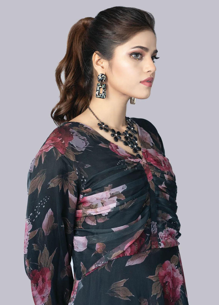 Bareeq Casual Pret  Chiffon Frock Black Floral Dress