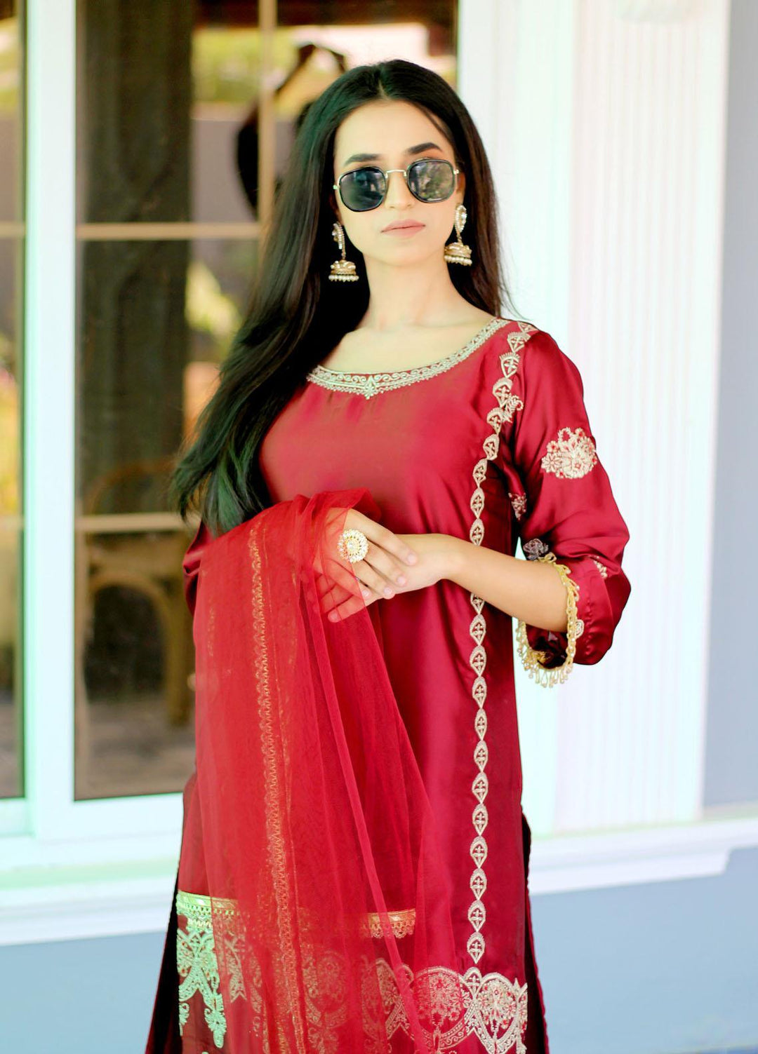 Bareeq Pret  Silk 3 Piece Suit Maroon