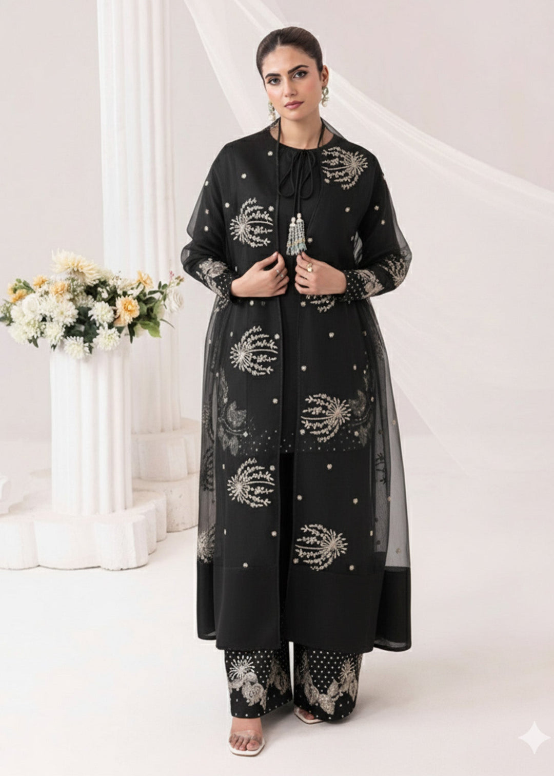 Silk Atelier by Jamni RTW Embroidered Silk 3 Piece Suit Black Orchard Festive Collection