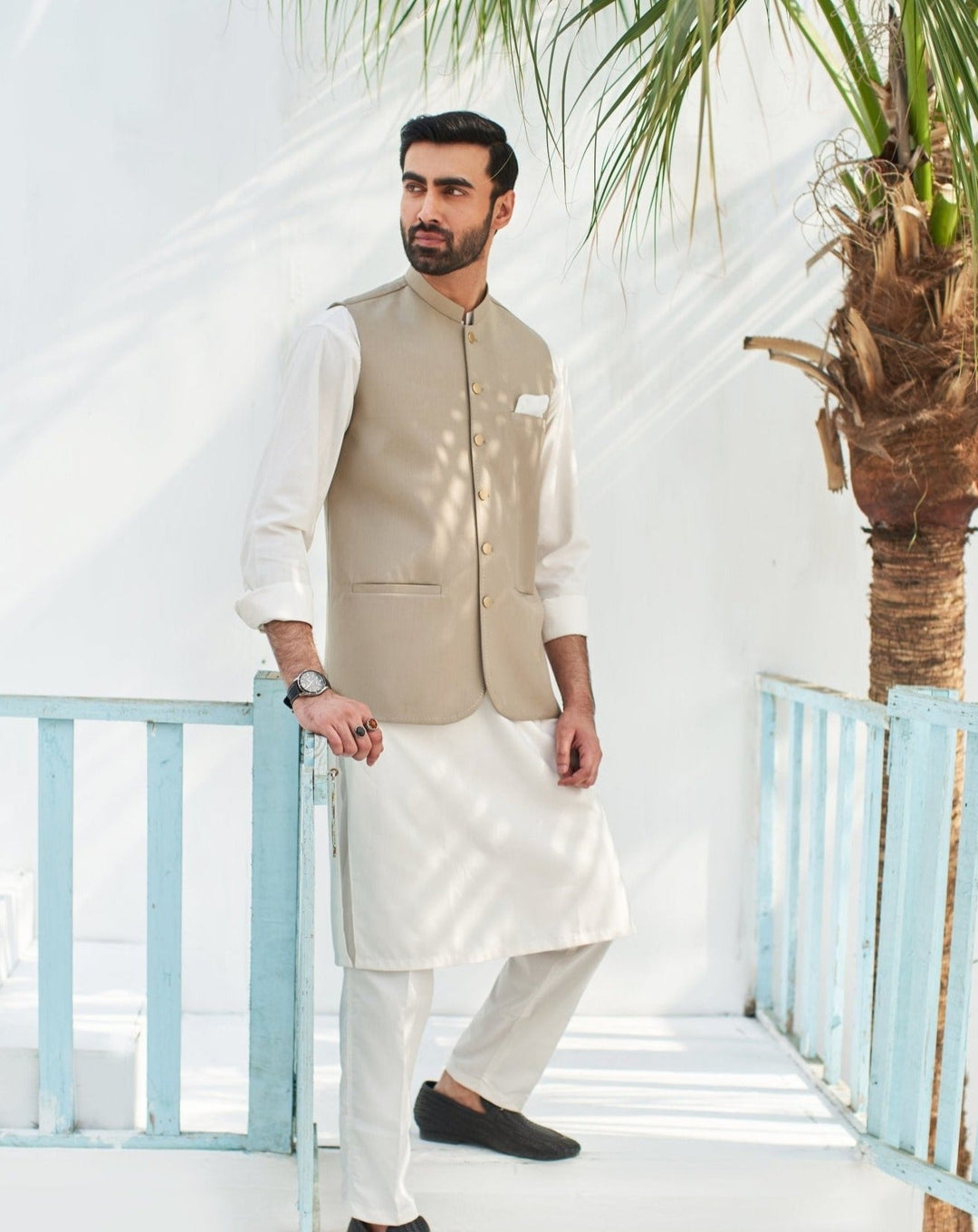 Muraqsh Ready To Wear Solids Cotton Men Off White Kurta Trouser with Beige Suiting Waistcoat Round Cut MUR-BOO - Summer Collection
