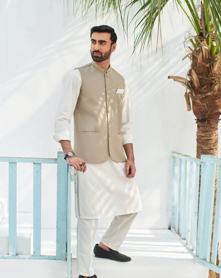 Muraqsh Ready To Wear Solids Cotton Men Off White Kurta Trouser with Beige Suiting Waistcoat Round Cut MUR-BOO - Summer Collection