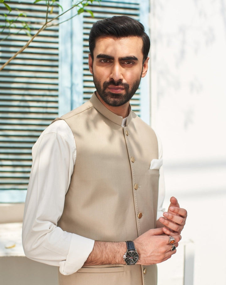Muraqsh Ready To Wear Solids Cotton Men Off White Kurta Trouser with Beige Suiting Waistcoat Round Cut MUR-BOO - Summer Collection