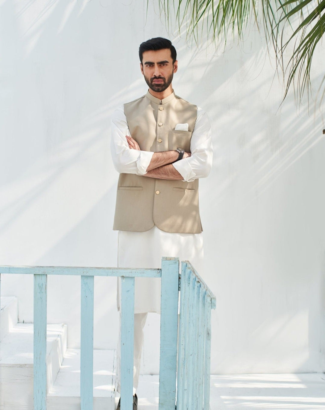 Muraqsh Ready To Wear Solids Cotton Men Off White Kurta Trouser with Beige Suiting Waistcoat Round Cut MUR-BOO - Summer Collection