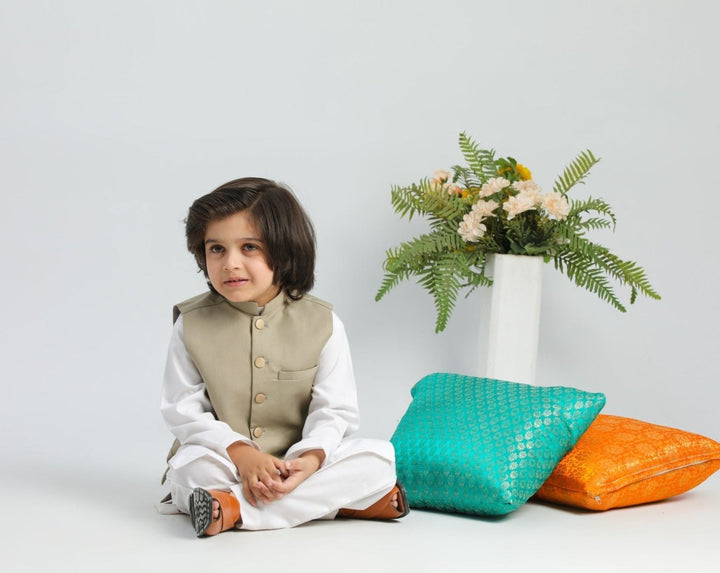 Muraqsh Ready To Wear Solids Cotton Boys Off White Kurta Trouser with Beige Suiting Waistcoat MUR-BOW - Summer Collection