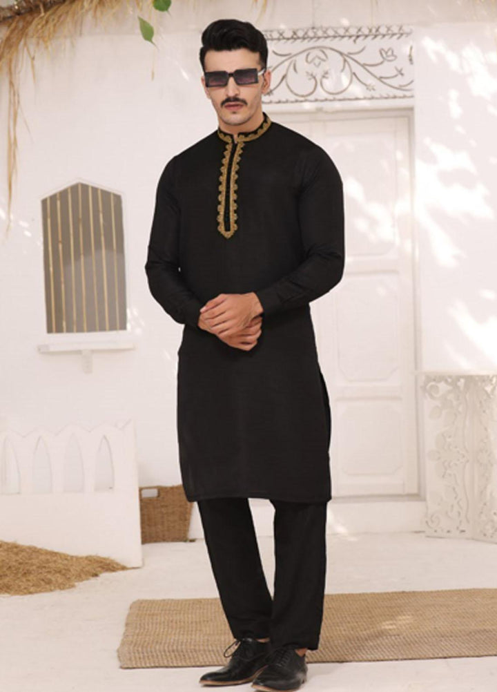 Bin Musab Raw Silk Formal Men Kurta Pajama -  BM-000006 Ebony Black
