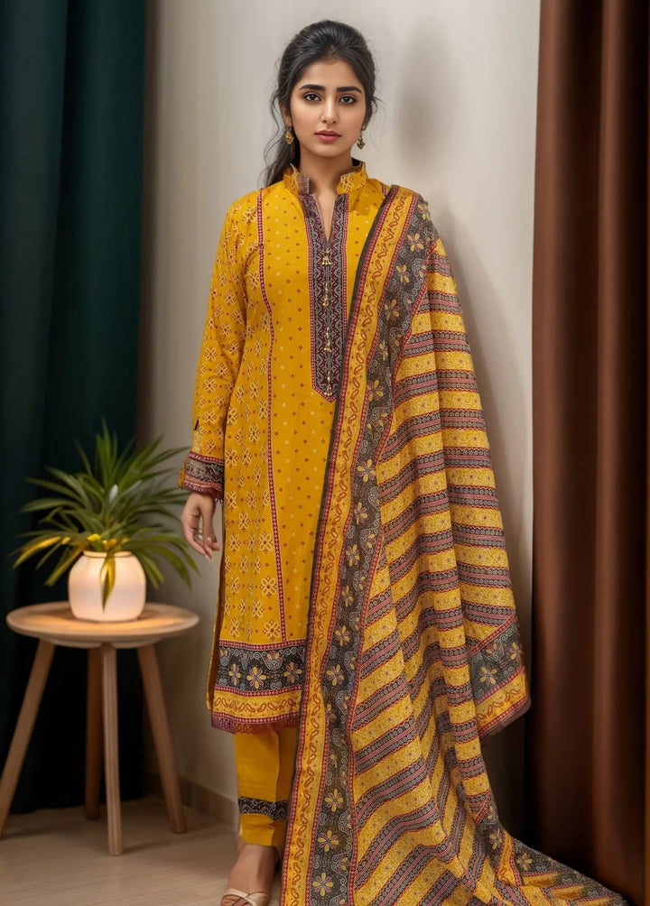 Bin Saeed Printed Cotton Suits Unstitched 3 Piece BN24F Yellow - Summer Collection