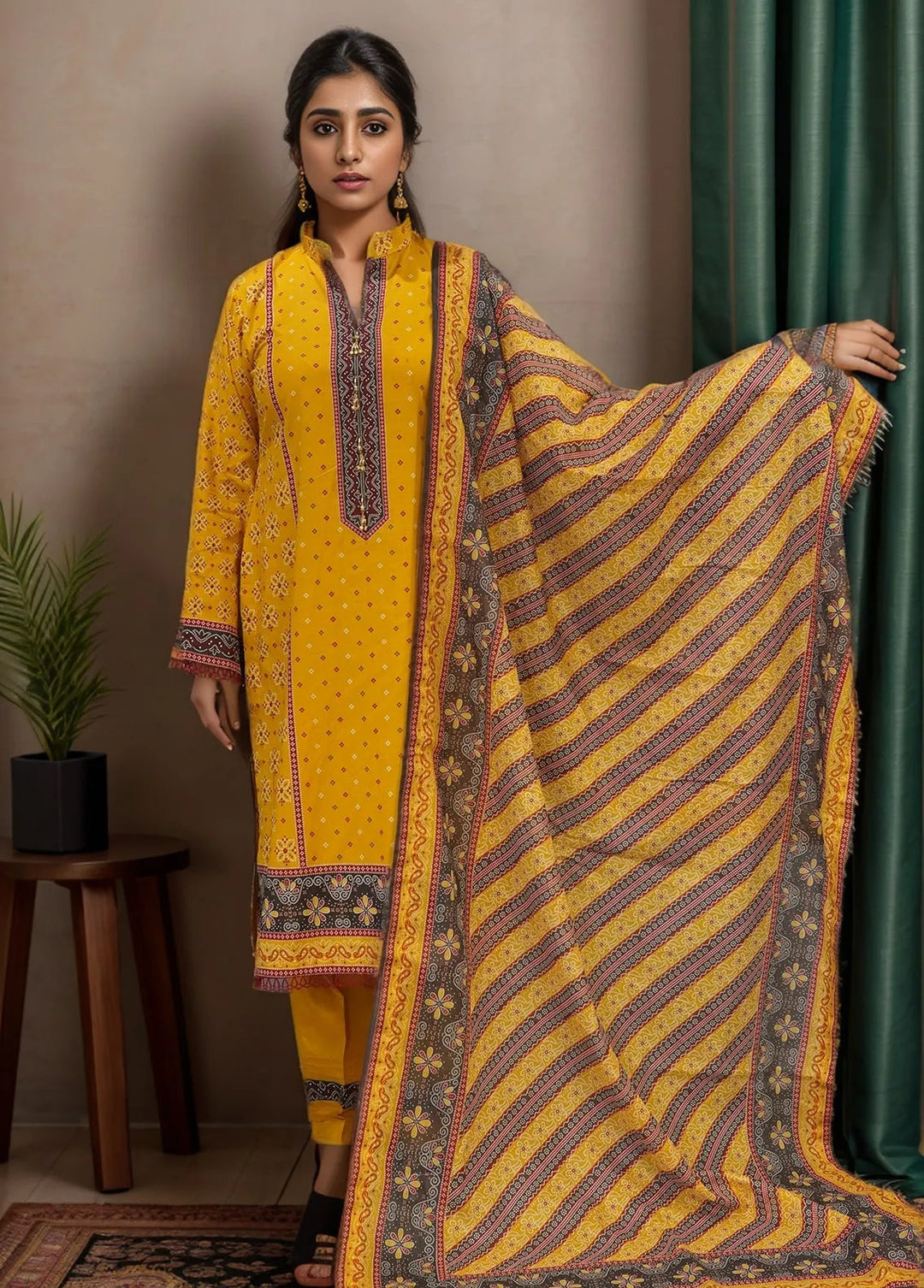 Bin Saeed Printed Cotton Suits Unstitched 3 Piece BN24F Yellow - Summer Collection