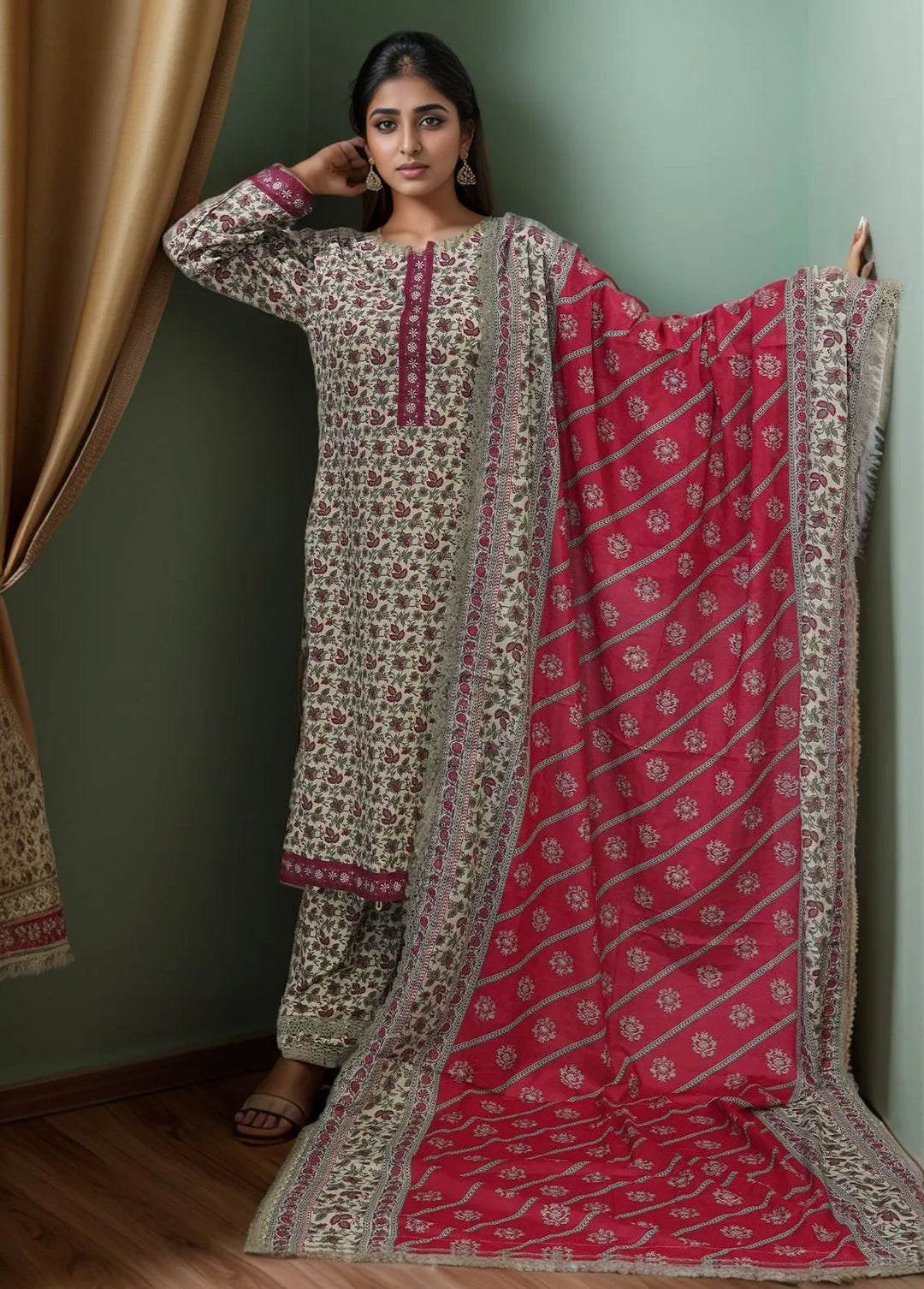 Bin Saeed Printed Lawn Suits Unstitched 3 Piece BN24F Green2 - Summer Collection