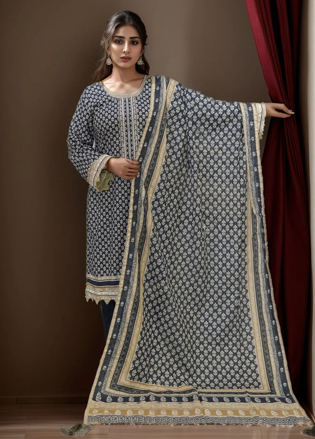 Bin Saeed Printed Lawn Suits Unstitched 3 Piece BN24F Navy Blue - Summer Collection