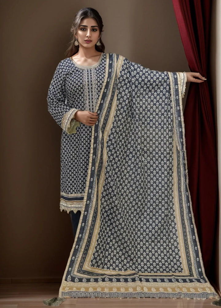 Bin Saeed Printed Lawn Suits Unstitched 3 Piece BN24F Navy Blue - Summer Collection