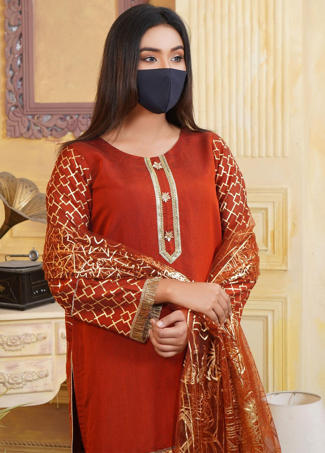 Bint-al-Bilaad Pret  Organza 3 Piece Suit BAB23ED Orange 2048