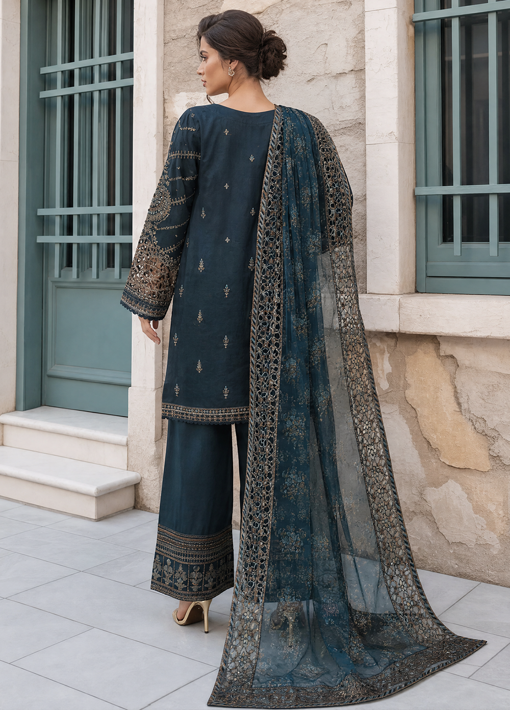 Falsafaa by HZ Textiles RTW Embroidered Organza 3 Piece Suit HZ26ULF HZK-238 M.Green - Festive Collection