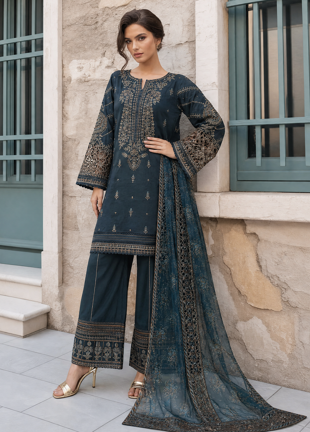 Falsafaa by HZ Textiles RTW Embroidered Organza 3 Piece Suit HZ26ULF HZK-238 M.Green - Festive Collection