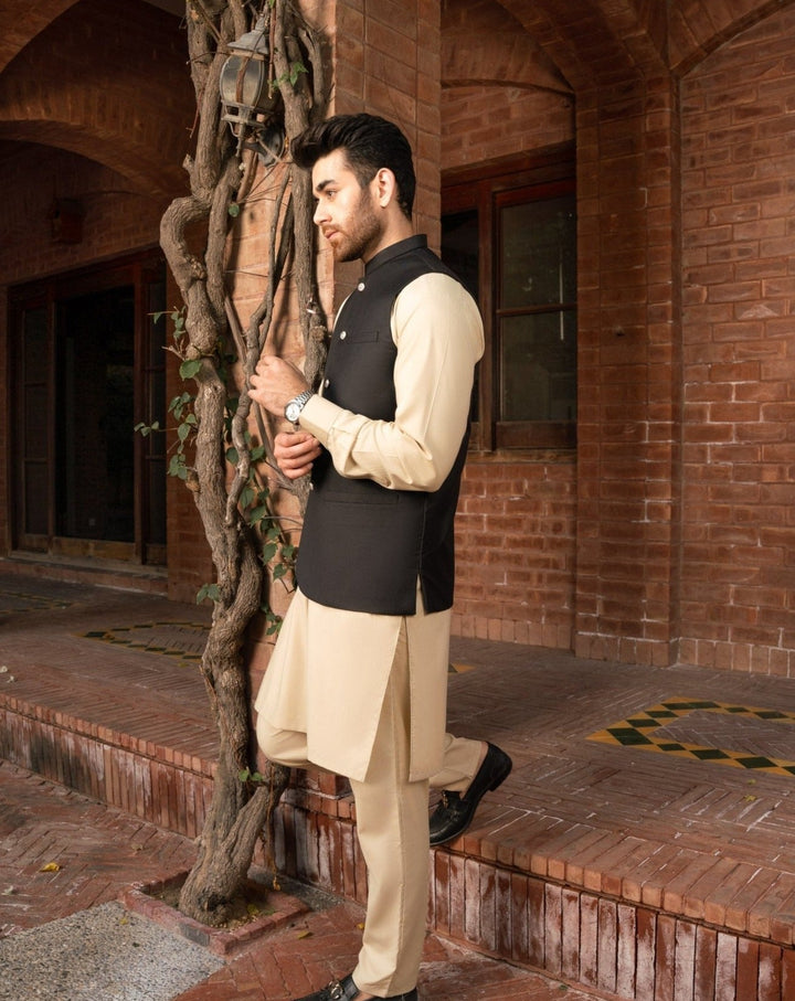 Muraqsh Ready To Wear Solids Cotton Men Ivory Kurta Trouser with Black Suiting Waistcoat Round Cut MUR-BOI-KS - Summer Collection