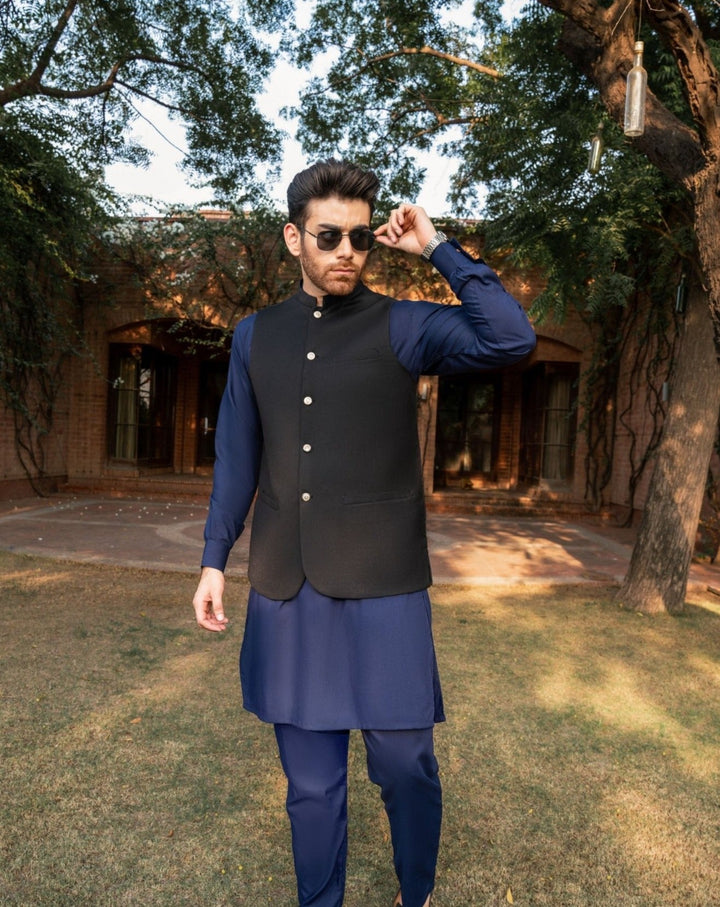 Muraqsh Ready To Wear Solids Cotton Men Navy Blue Kurta Trouser with Black Suiting Waistcoat Round Cut MUR-PB-KS - Summer Collection