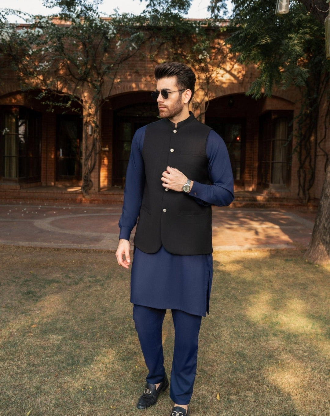 Muraqsh Ready To Wear Solids Cotton Men Navy Blue Kurta Trouser with Black Suiting Waistcoat Round Cut MUR-PB-KS - Summer Collection