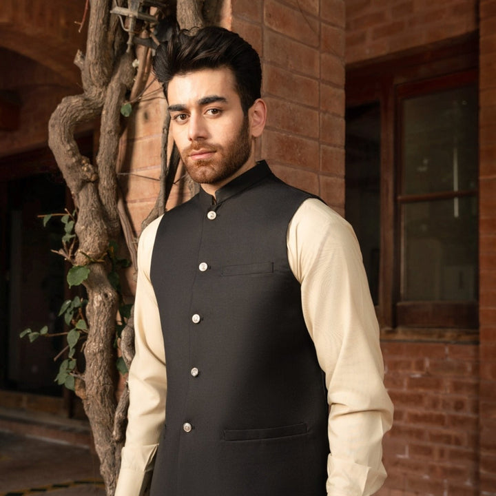Muraqsh Ready To Wear Solids Cotton Men Black Opal Suiting Waistcoat Round Cut MUR-BO - Summer Collection