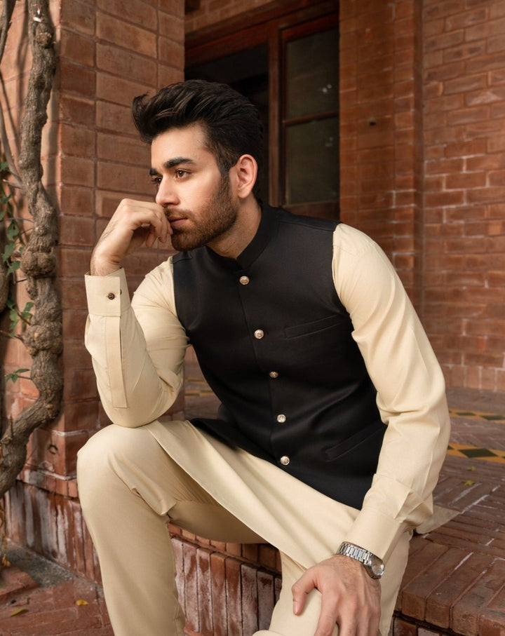 Muraqsh Ready To Wear Solids Cotton Men Black Opal Suiting Waistcoat Round Cut MUR-BO - Summer Collection