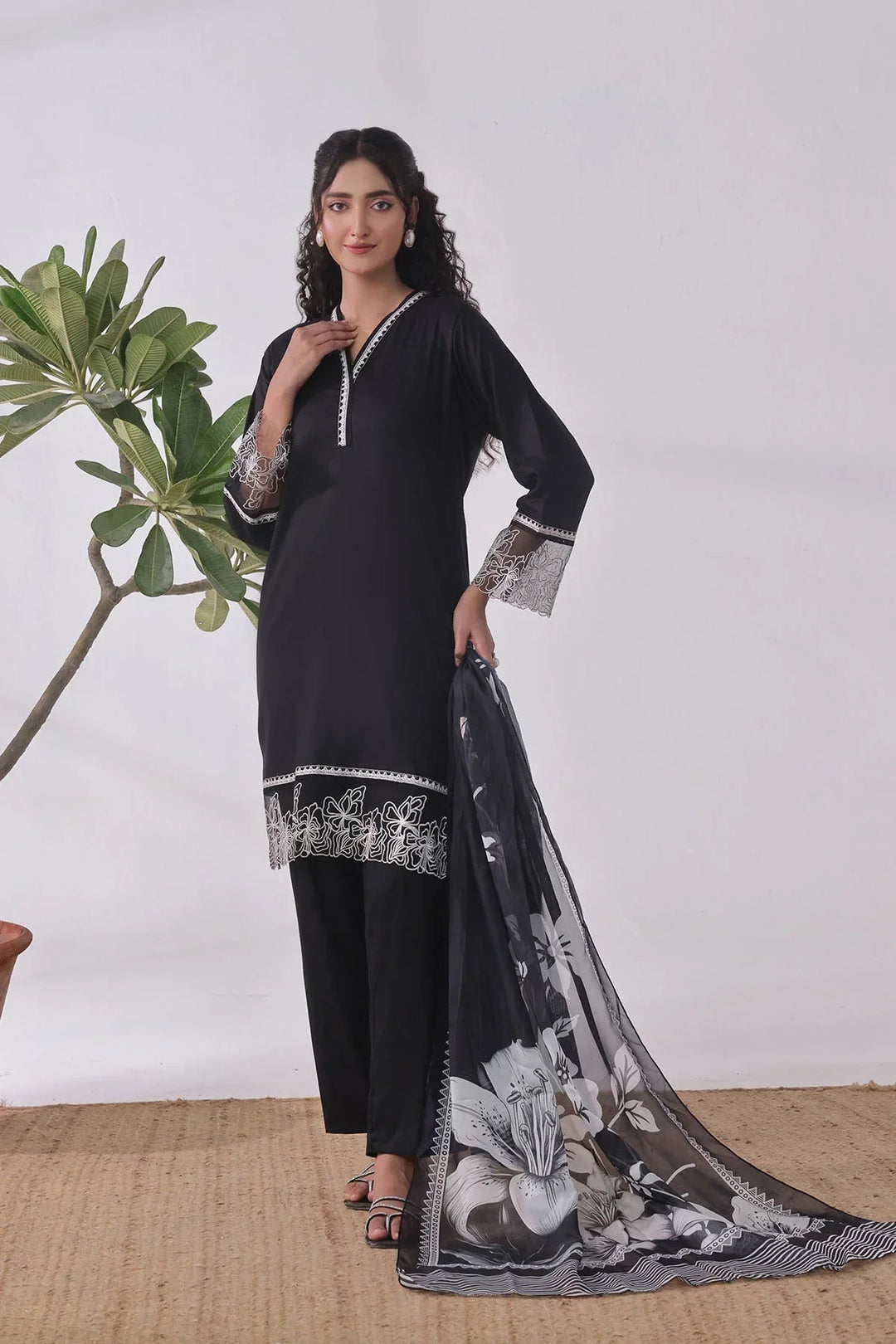 Ochre Women RTW Cotton 3 Piece Suit Black Cotton Embroidered - Festive Collection