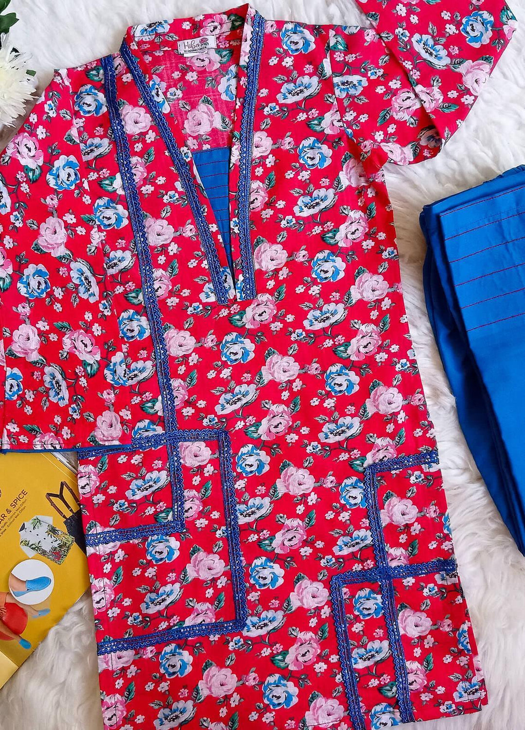 Hiba Clothing Lawn Casual 2 Piece Suit for Girls -  HBT-003 Red Floral