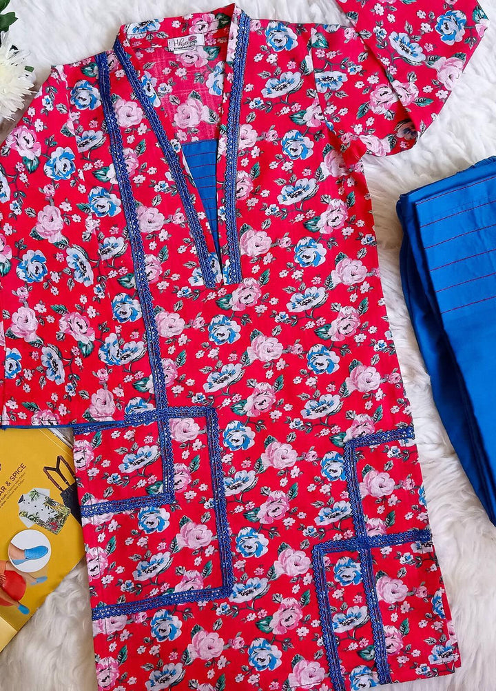 Hiba Clothing Lawn Casual 2 Piece Suit for Girls -  HBT-003 Red Floral