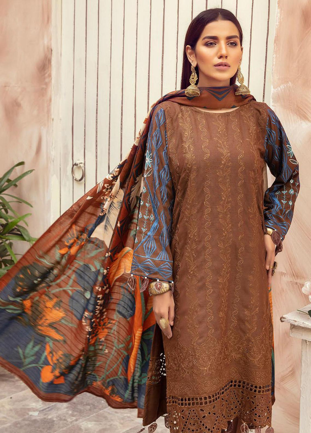 Blossom by Riaz Arts Embroidered Peach Leather Suits Unstitched 3 Piece RA21BP D-08 - Winter Collection