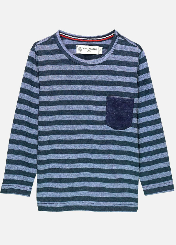Brumano Cotton Casual Boys T-Shirts -  Blue Striped Full Sleeve T-Shirt With Contrasting Pocket - Junior