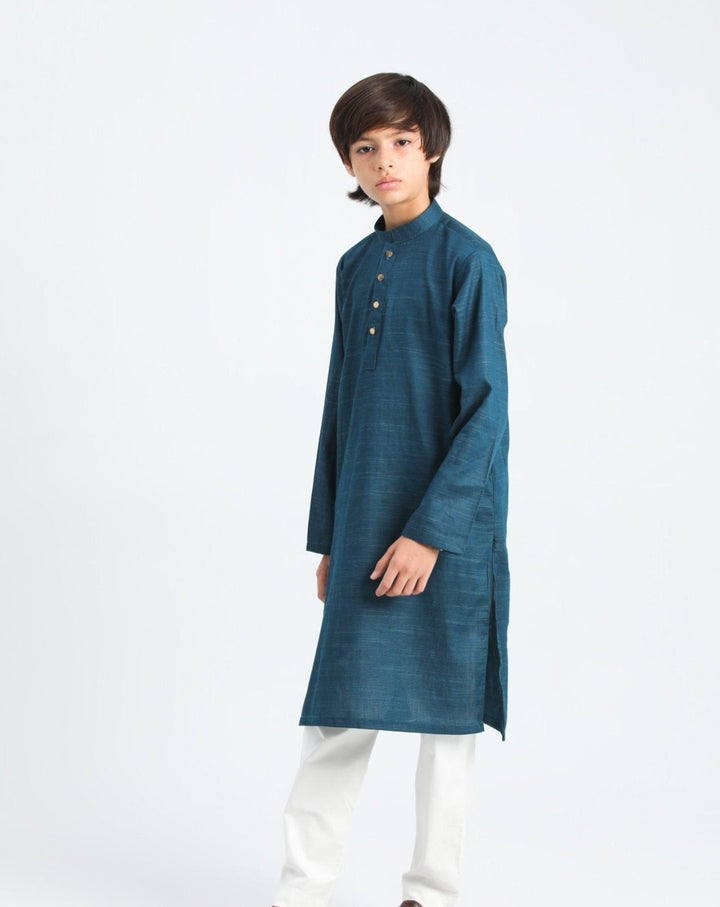 Muraqsh Ready To Wear Solids  Boys Blue Textured Cotton Kurta Trouser MUR-BTSCK - Summer Collection