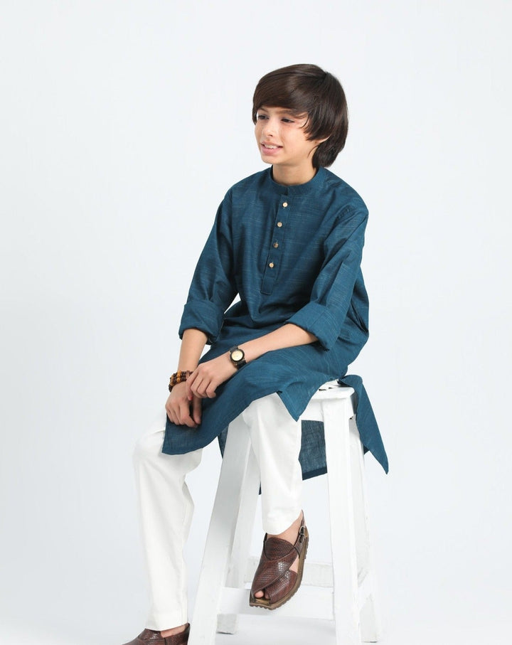 Muraqsh Ready To Wear Solids  Boys Blue Textured Cotton Kurta Trouser MUR-BTSCK - Summer Collection