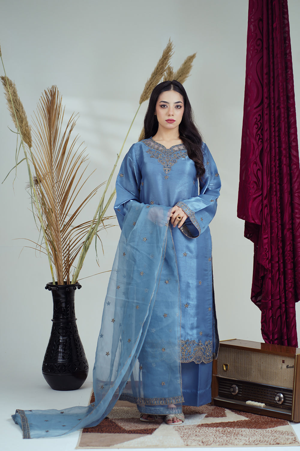 Reeza's Unstitched Embroidered Silk 3 Piece Slate blue - Festive Collection