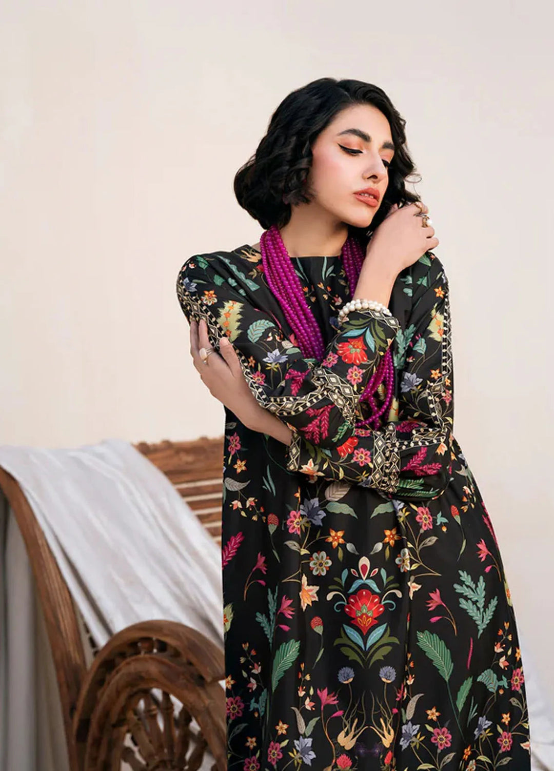 Bon Soir by Florent Pret Printed Crepe Silk 2 Piece Suit Primrose Black