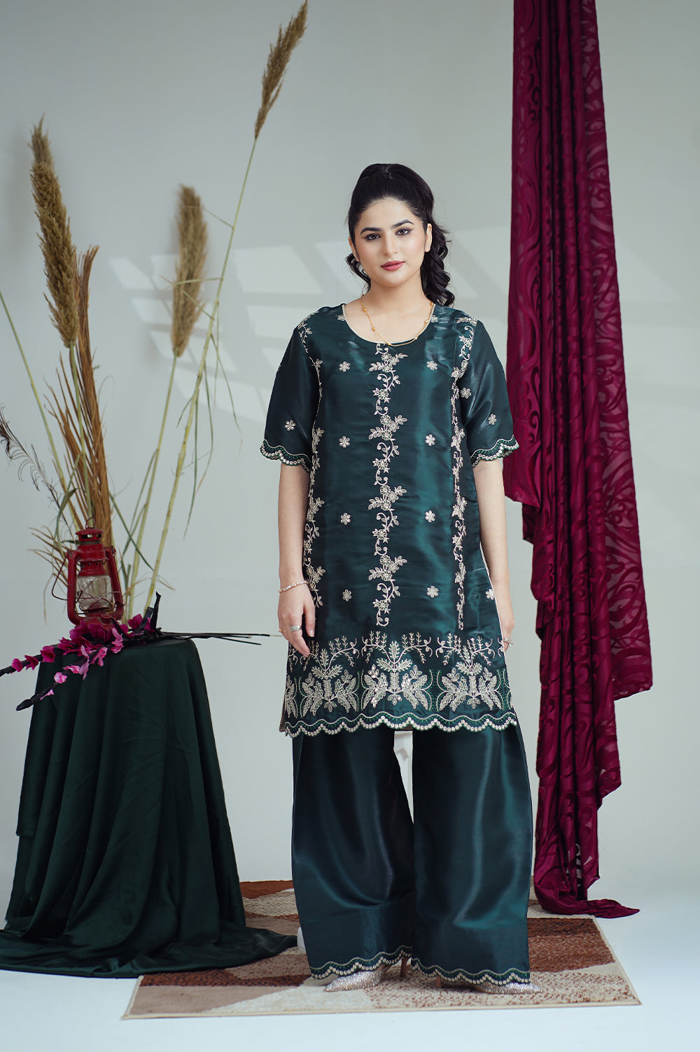 Reeza's Unstitched Embroidered Silk 3 Piece Bottle Green - Festive Collection