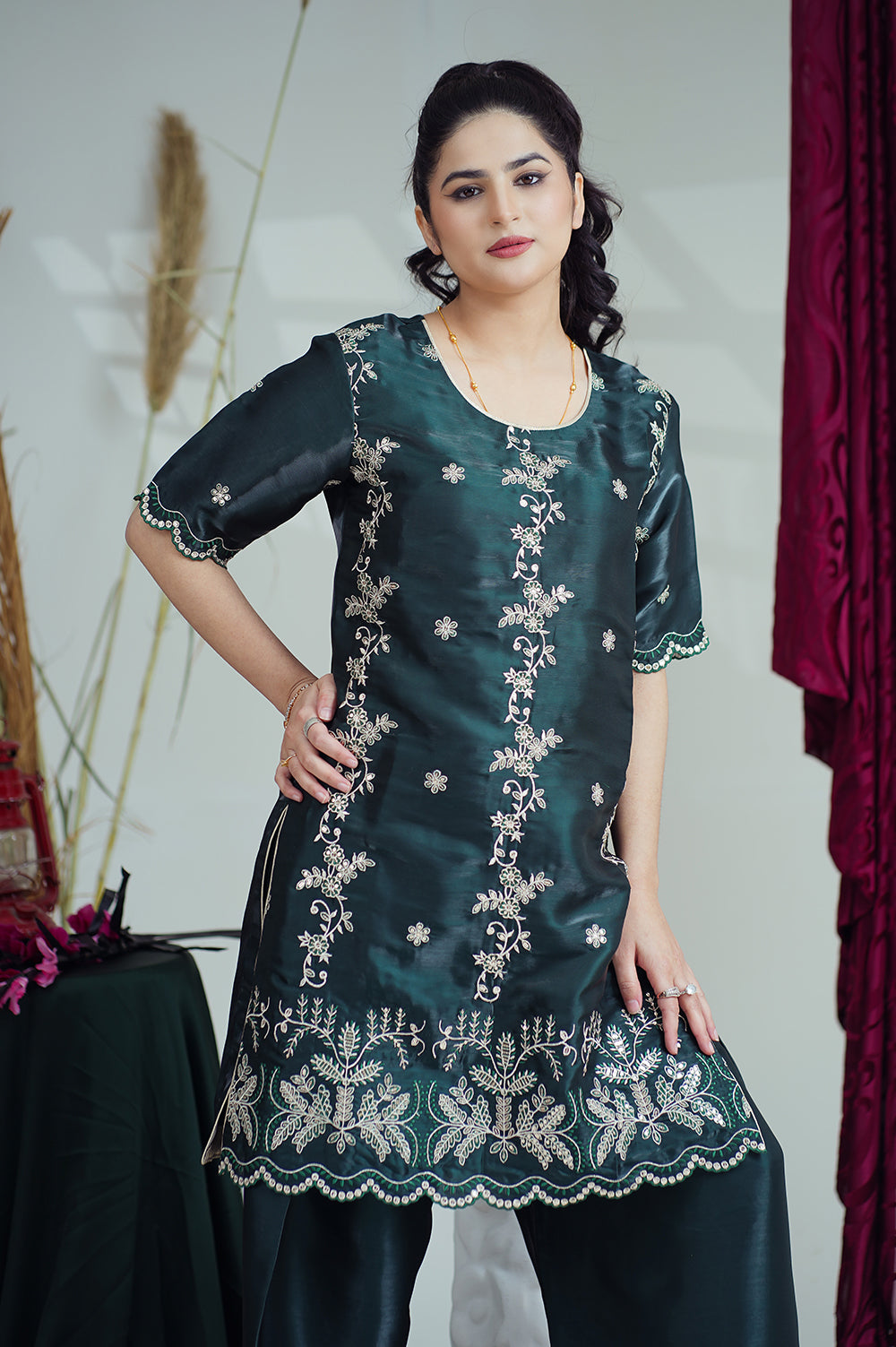 Reeza's Unstitched Embroidered Silk 3 Piece Bottle Green - Festive Collection