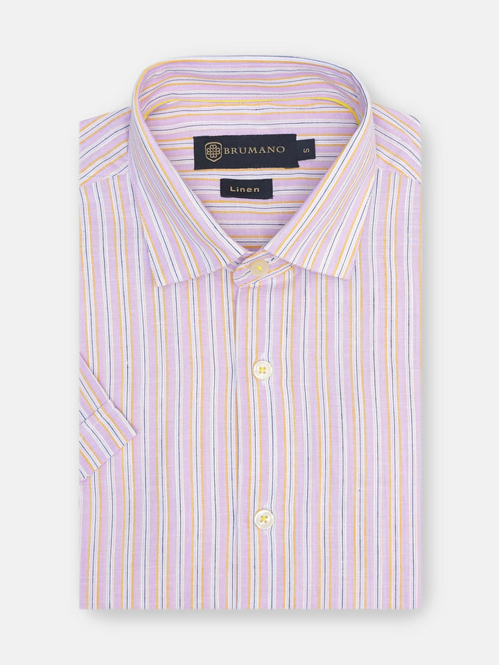 Brumano Ready To Wear Shirts Men 1 Piece Cotton Pink Linen Striped Half Sleeve Shirt 0-33-024-3351 - Summer Collection