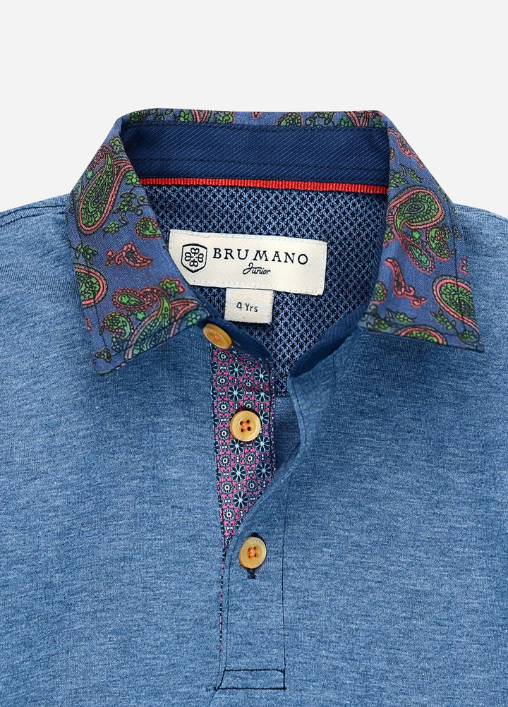 Brumano Cotton  Shirt for Boys -  BM21P 248 Blue Melange Casual Polo With Floral Collar