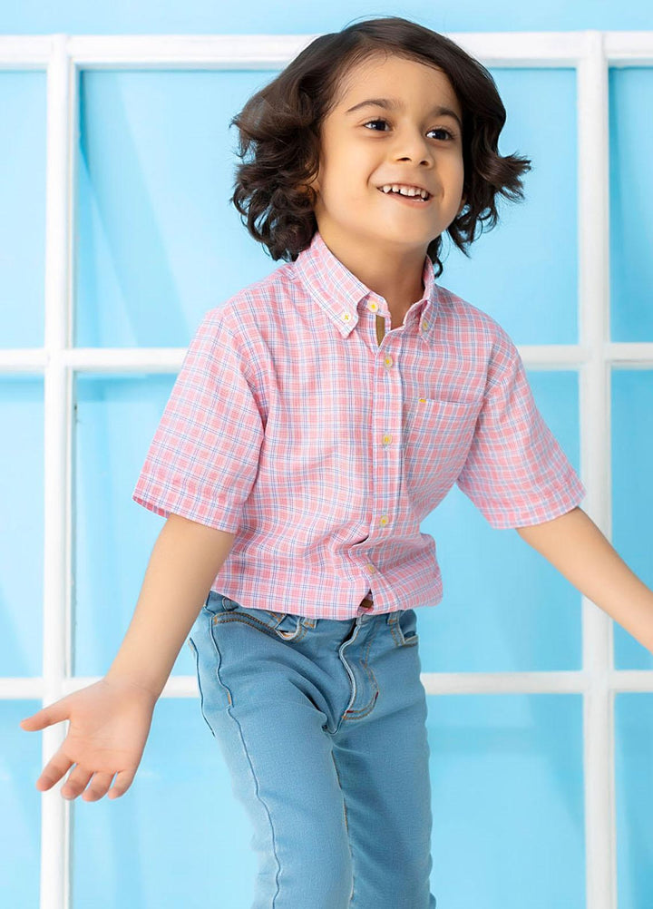 Brumano  Casual Shirts for Boys -  Pink Linen Checkered Short Sleeve Casual Shirt BRM-1524