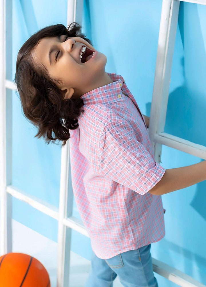 Brumano  Casual Shirts for Boys -  Pink Linen Checkered Short Sleeve Casual Shirt BRM-1524