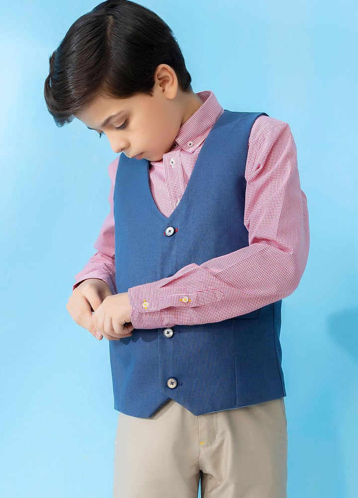Brumano  Casual Vest for Boys -  Blue Linen Textured Suit Vest With Bow BRM-JNR-1370